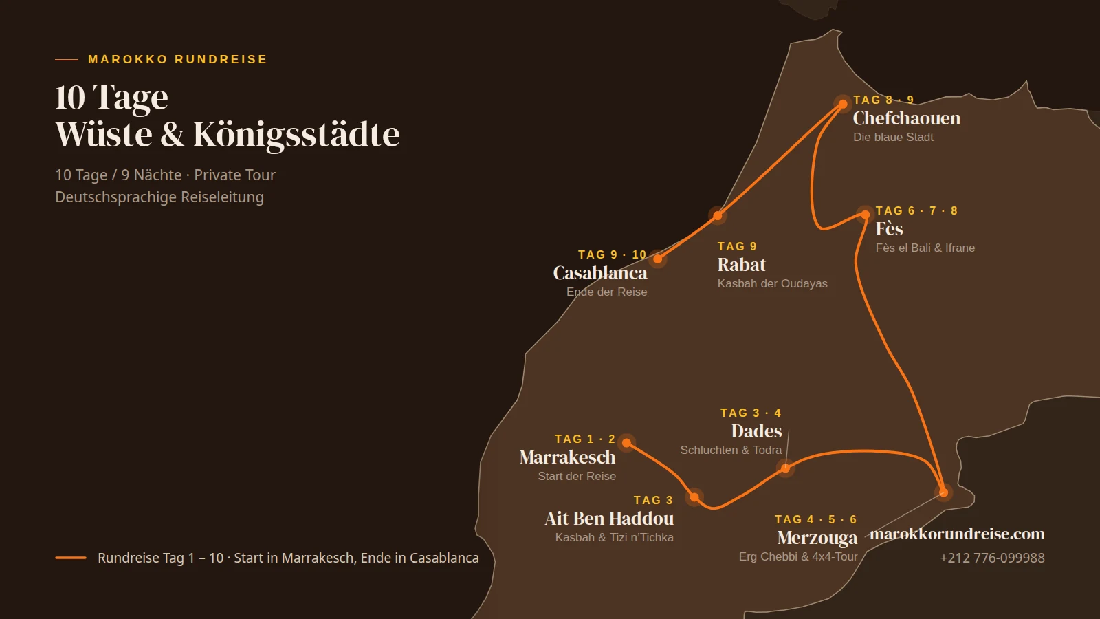 Routenkarte der 10 Tage Wüste & Königsstädte Rundreise: Marrakesch, Dades, Merzouga, Fès, Chefchaouen und Casablanca